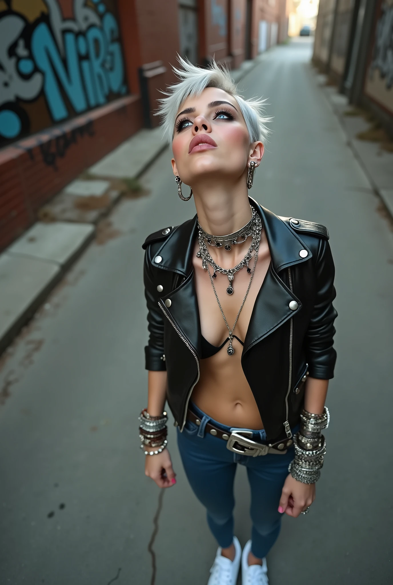 russian milf woman, biker gang member, grey hair (quiff with shaved sides), with very light blue eyes, extremely pale, heavy eye shadows. Thin. Sad face, smeared excessive make up and lipstick. Wearing black moto jacket, cropped t-shirt with devil logo, piercing in belly button, skinny blue jeans and white tennis sneakers . Lots of metallic bracelets and pendants. Tacky leather belt with oversized, excessive silver buckle. Hands touching her heart, kneeling in the street. Wide loop earrings. Looks up like talking to God, mouth and eyes open