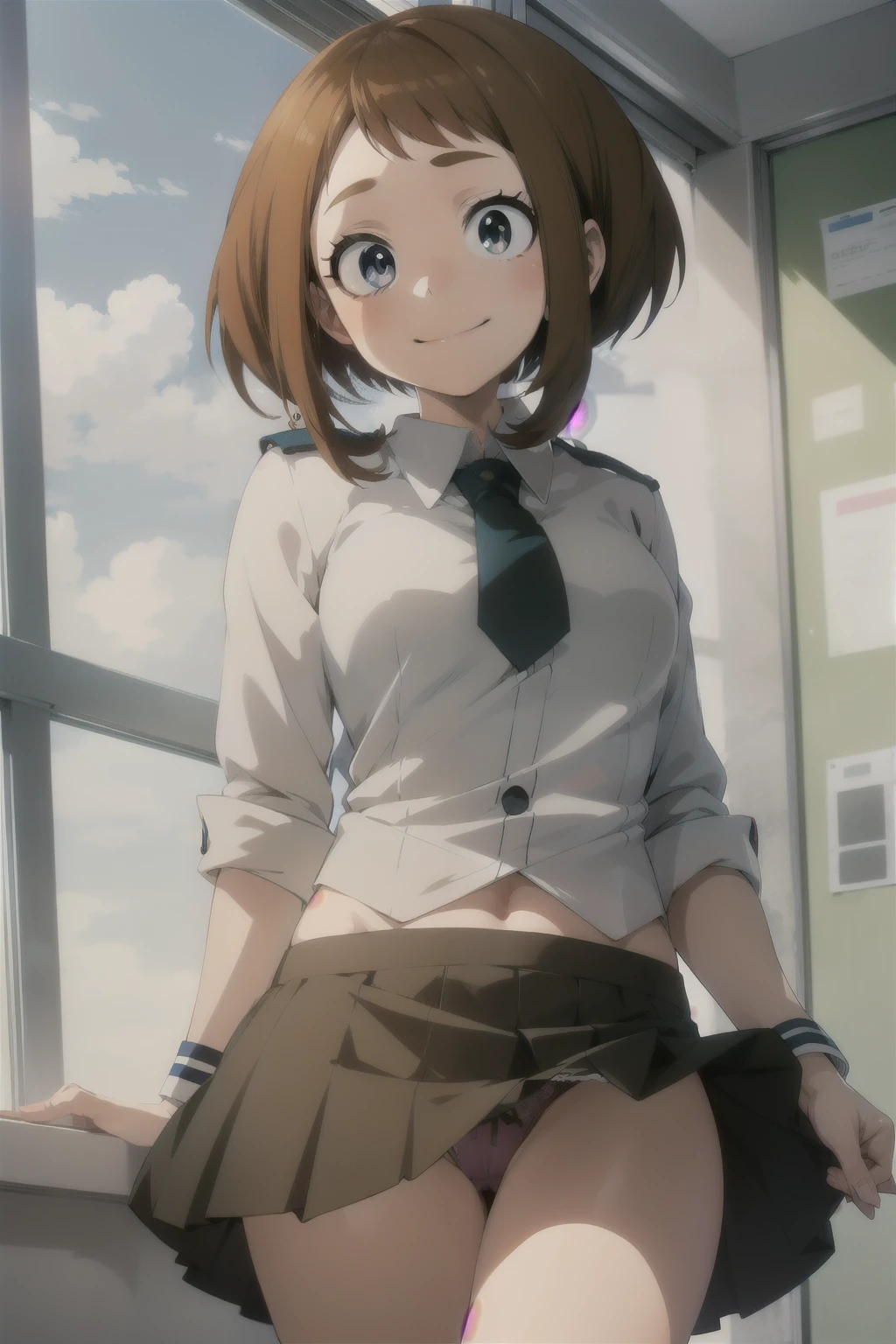 Anime , Uraraka , blue eyes, short hair , smile, , school u.a uniform , over pose, under the skirt . Thong Pantie