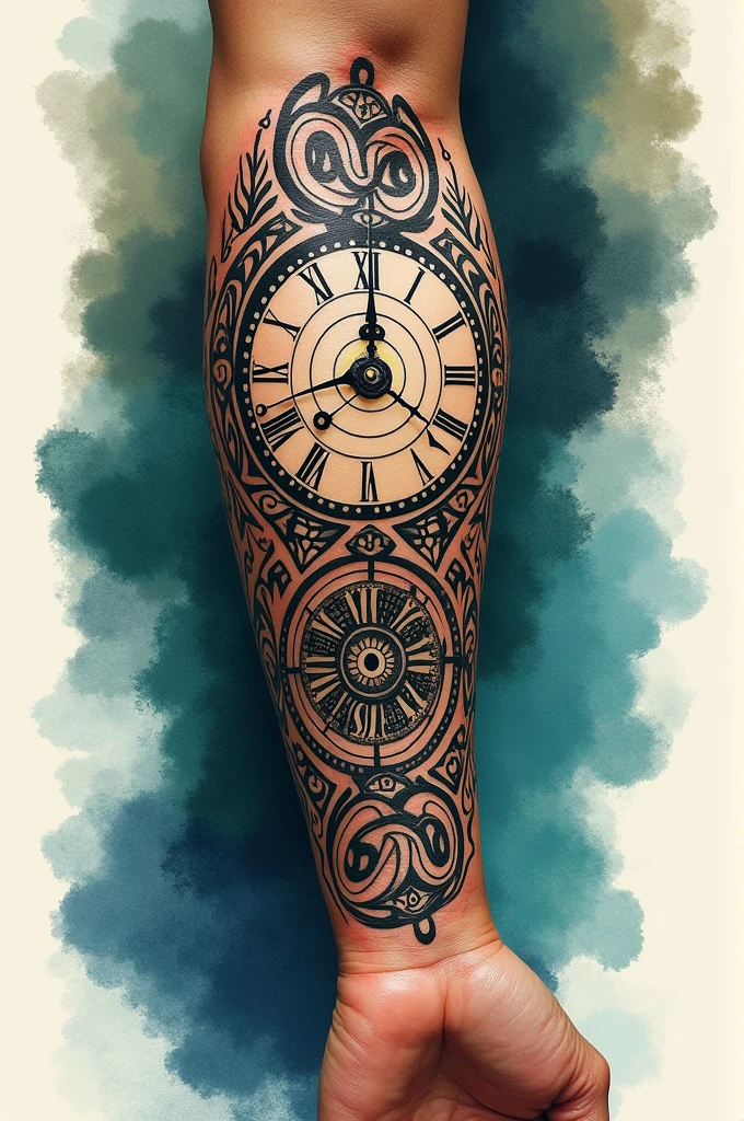 A Roman clock tattoo mixing Maori and abstract imagery