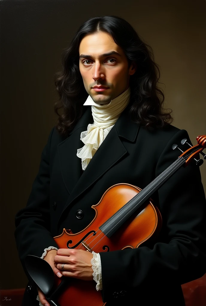 A realistic portrait of Niccolò Paganini seen from the front. Paganini is depicted in a formal 19th-century attire, with his long, slightly disheveled dark hair framing his sharp, gaunt features. His intense eyes are deep-set, reflecting a mixture of genius and melancholy. The portrait captures his prominent nose, high cheekbones, and slightly pale complexion. He is holding a violin close to his body, with slender fingers resting on the strings, emphasizing his identity as a virtuoso violinist. The background is dark and minimalistic, focusing attention on Paganini's enigmatic expression and commanding presence.