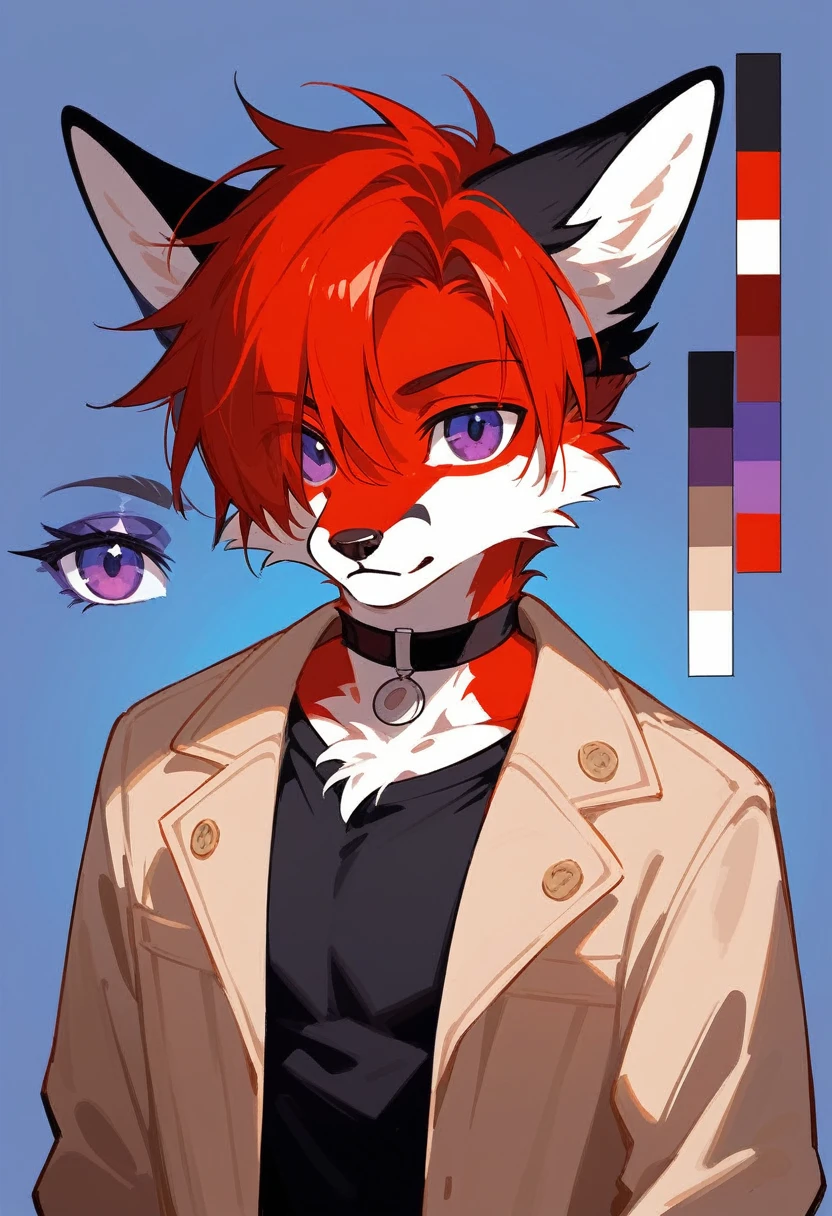 (Artist by zackary911, 8k, high quality, detailed eyes and fur, night, residents background), solo, male fox, anthro, red satured fur, red body, male body, purple eyes, black ears, red hair, short hair, hair cover eye, hands white, choker, eyeliner black, beige jacket, black shirt,. (masterpiece, ultra detailed, best quality)(style of RPG)(concept art, character sheet)absurdres, perfect anatomy(furry anthro),