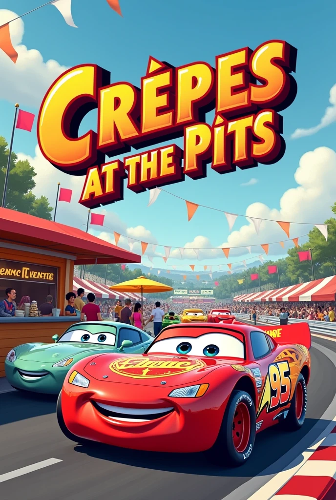 Create a poster with Cars-style typography "Crepes at the Pits"
