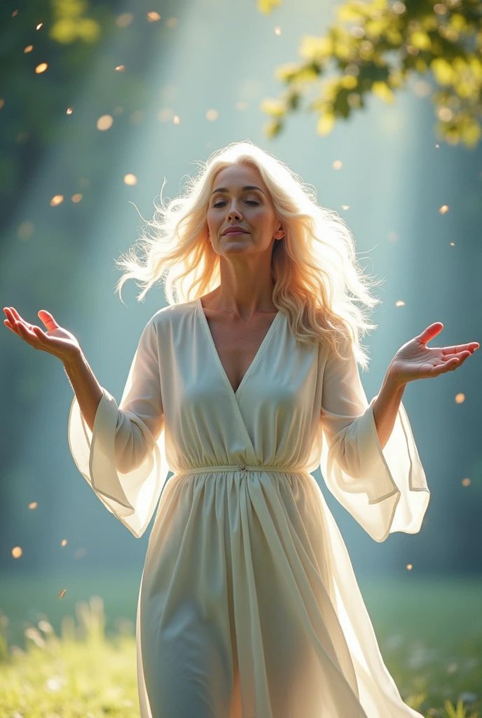 Woman of exuberant beauty 60 years old, white, cabelos loiros e brancos vestido branco holistico bracos abertos palmas das maos voltadas para cima envoltas de lus azul nas maos com envolvida em aura white muito espessa fagulhas douradas pelo ar