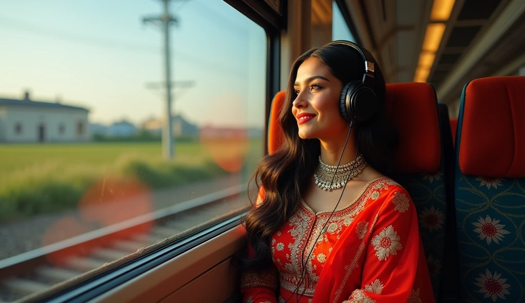 persian girl with big breasts, with headphones enjoying music. She is 20 years old, sitting in a train, Thalys from paris .wearing half indian half modern clothes,