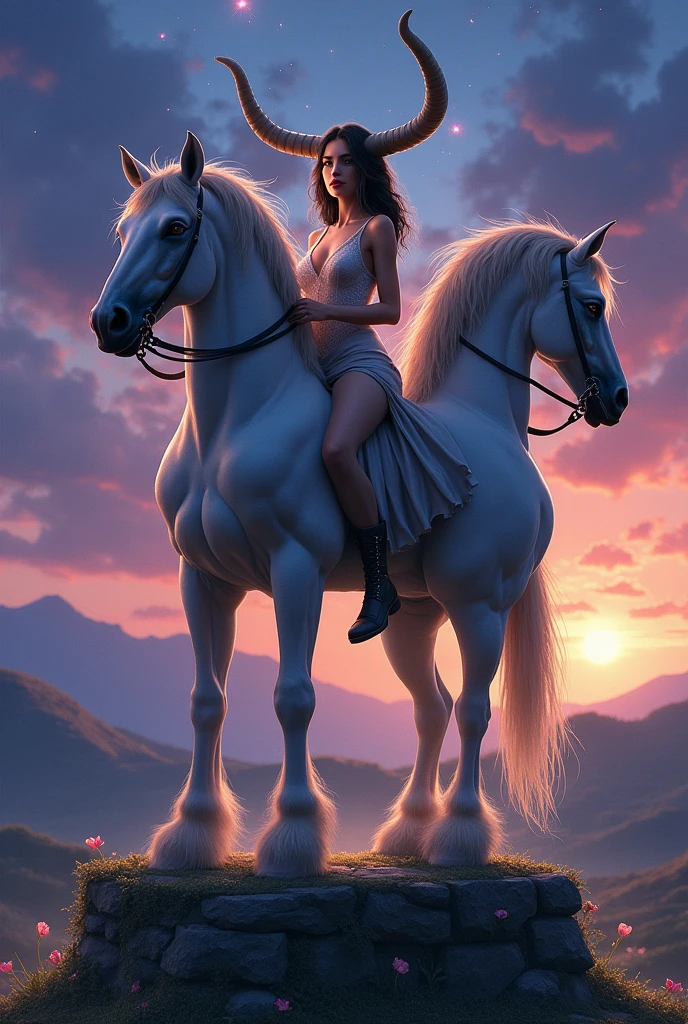 Woman with 3 heads, horse legs and bull horns