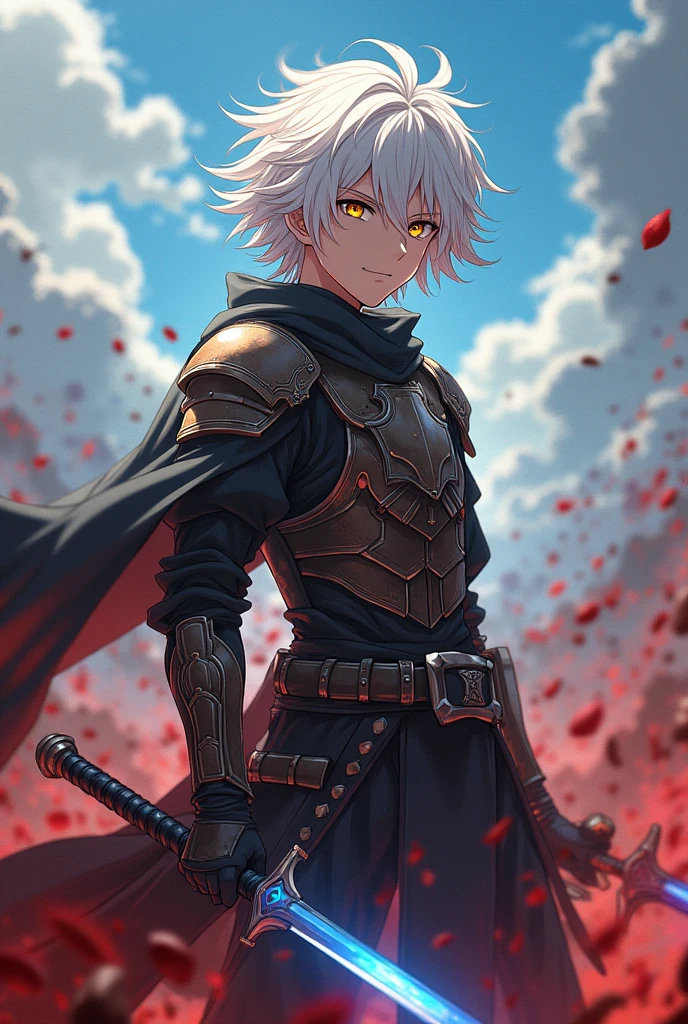 18-year-old male with a height of 1,73 meters of white hair with honey-colored eyes, a smile on a battlefield drenched in blood, wearing leather armor and wielding a blue sword. (anime)