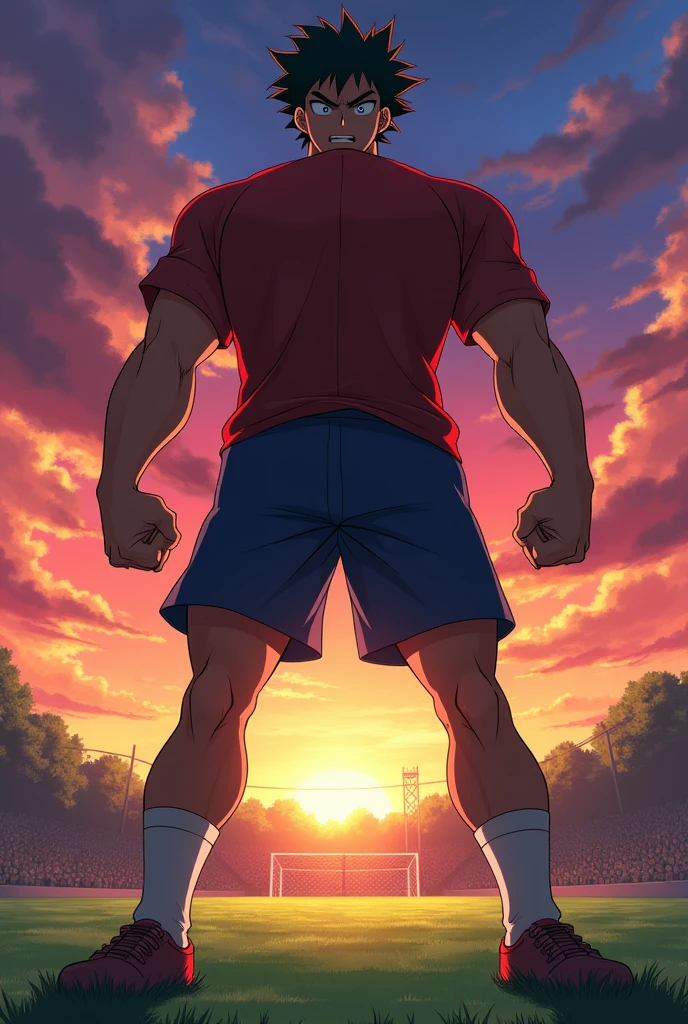 Black Japanese Inazuma Eleven Defender, anime styling, standing two meters tall with an angry face. But being a teenager, with muscles 