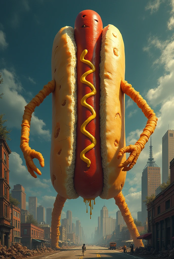 Giant, evil hot dog the size of a skyscraper with arms and legs