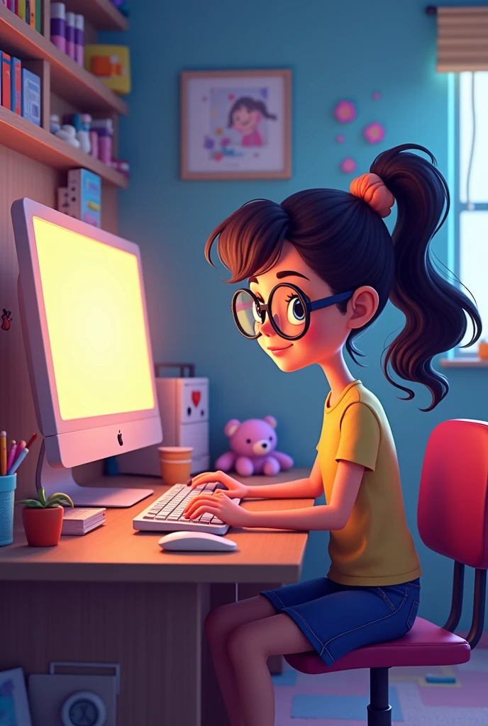 Disney pixar cartoon, a girl sitting at a desk with a computer and a monitor, Lofistyle, Lofi Style, atey ghailan 8k, lo-fi art, in the style of atey ghailan, praise vibes, Anime art wallpaper 4k, anime art wallpaper 4k, lofi girl, lofi hip hop, lofi feels