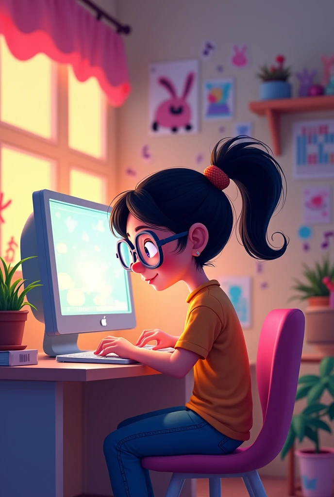 Disney pixar cartoon, a girl sitting at a desk with a computer and a monitor, Lofistyle, Lofi Style, atey ghailan 8k, lo-fi art, in the style of atey ghailan, praise vibes, Anime art wallpaper 4k, anime art wallpaper 4k, lofi girl, lofi hip hop, lofi feels