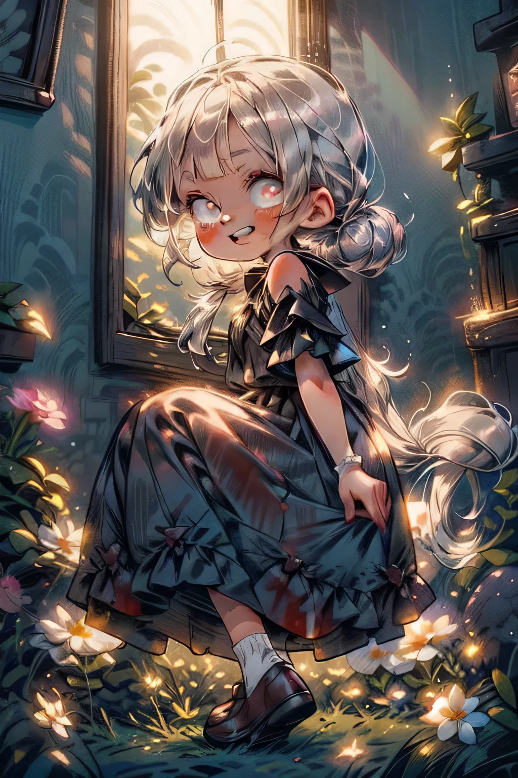 masterpiece, best quality, cute, kawaii, 1 girl,kid,solo,silver brite hair,pony tail hair,golden shining eyes,smile face,colorless,gothic dress,bloody dark room,in the castle,you can see the castle from the window too,night,red moonlight,big eyes