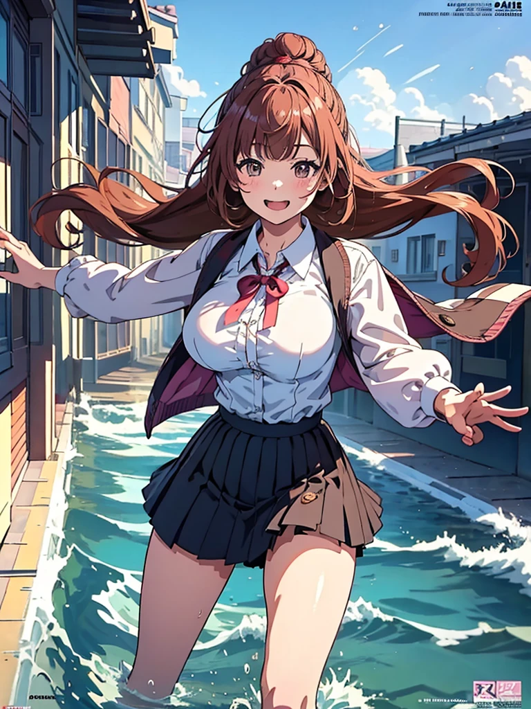 One person, Chestnut Hair, Pompadour bangs, Braids Half Up,Large Breasts, smile, Droopy eyes, perspective, High School Uniform,Anime Style, Nice body,Knee-length skirt,Healthy sex appeal,High resolution, Anatomically correct, 最高quality, Damaged, detail, 高いdetail, High-resolution model, 高quality, quality, Very detailed, Ultra high definition, Textured skin, Hair blowing in the wind, Deco bangs, Three-bun updo, happiness/joy, Viewfinder, Illustration effect for posters and magazines,
