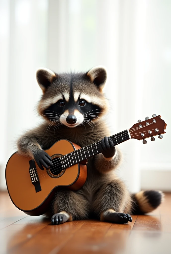 Raccoon playing the guitar sitting on the floor, with nothing in the background or with a white background, guitarist raccoon (realist)(Details)(masterpiece)