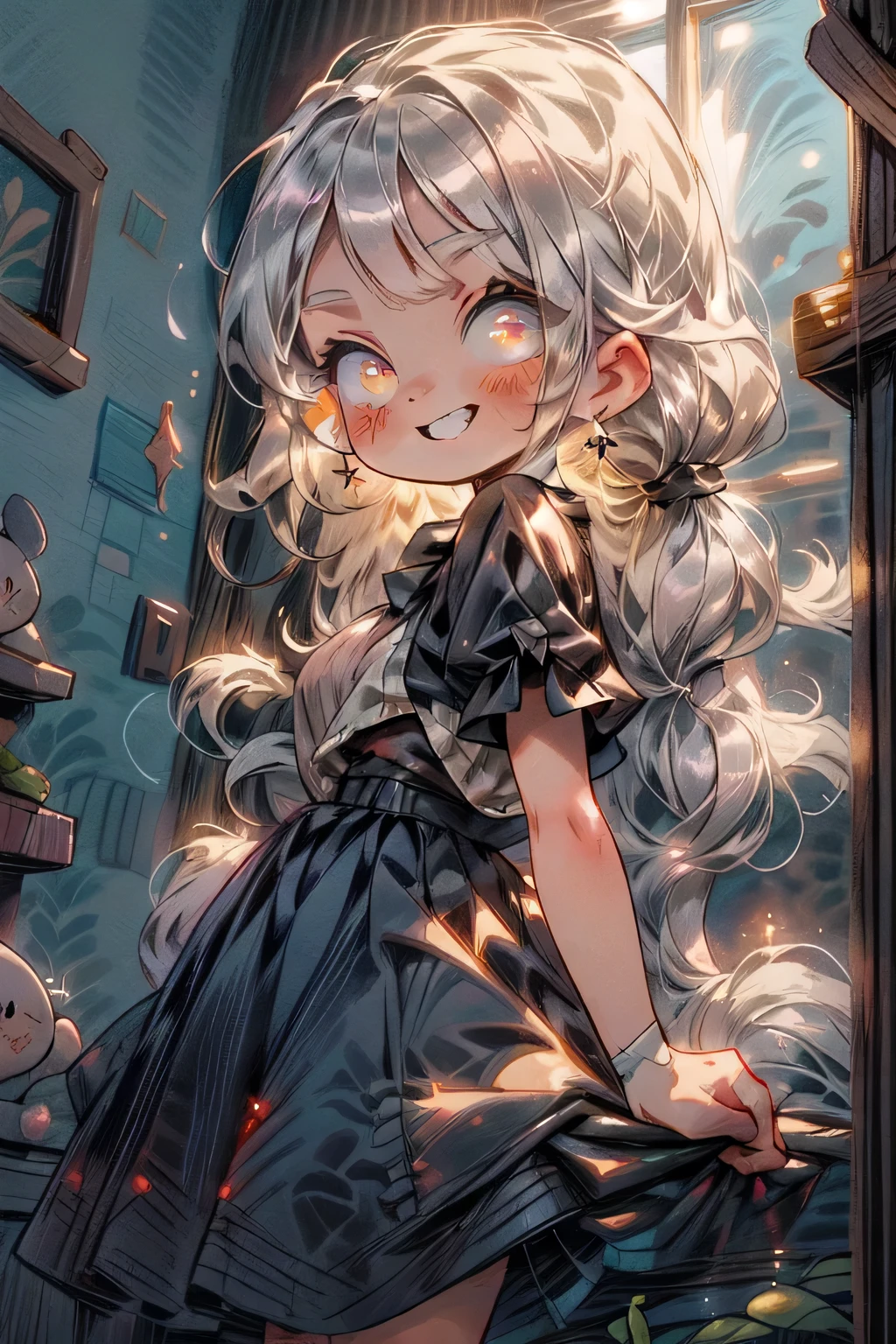 masterpiece, best quality, cute, kawaii, 1 girl,???,solo,silver brite hair,pony tail hair,golden shining eyes,smile face,colorless,gothic dress,bloody dark room,in the castle,you can see the castle from the window too,night,red moonlight,big eyes