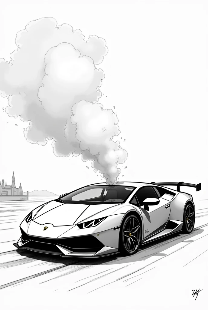 Une voiture coupée sport style Lamborghini et Ferrari en contre plongée en dessin noir et blanc avec un personnage entrain de la laver et entrain de fumer un joint en même temps et dessine aussi sa copine aux gros seins juste à côté qui lui suce le penis et qui se fait pénétrer par son ami