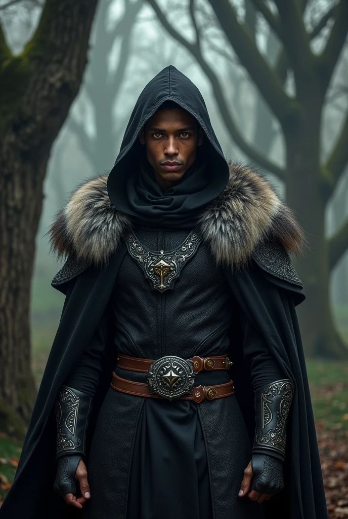 Draw a male character from Dungeons & Young dragons, of half-elf race, with brown skin, yellow eyes and short, gray hair, wearing black clothing and a hood with wolf fur 