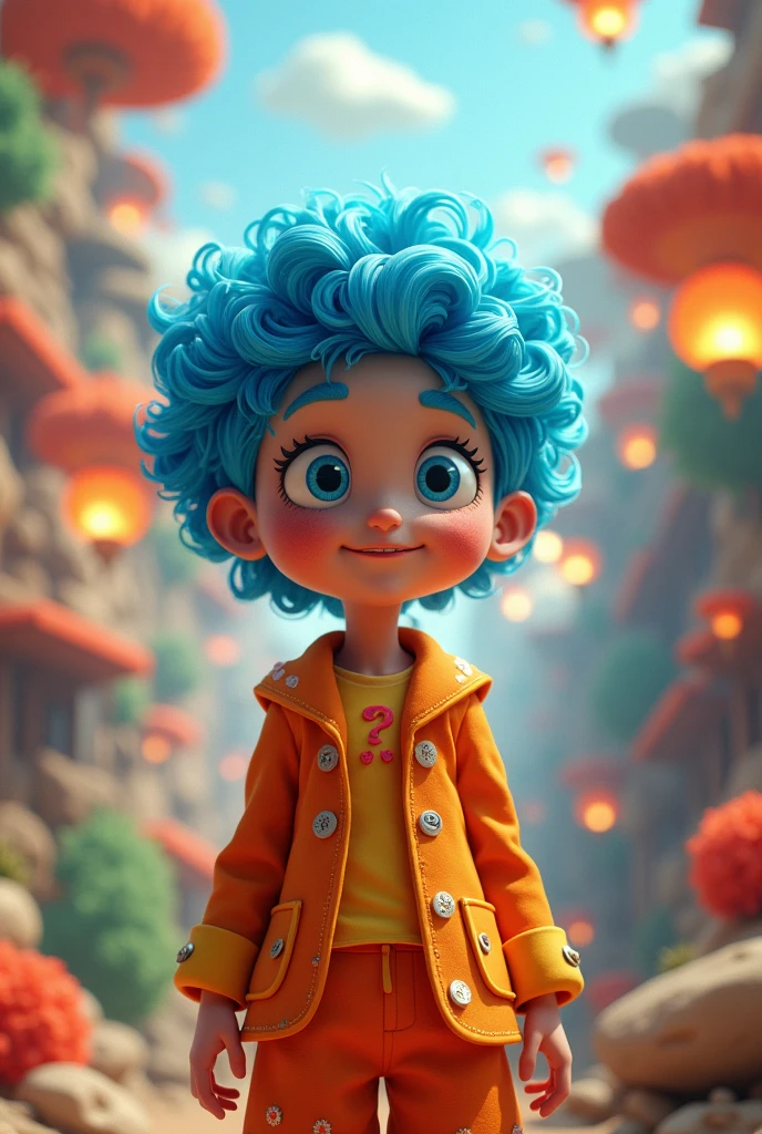 Create an AI character inspired by the emotion of curiosity from the movie 'Inside Out'. It should have the following characteristics:
Skinned: Slightly red, with a soft and not very intense tone.
hairs: blue, with a playful and vibrant style, possibly in a voluminous format or with highlights.
vestimentas: orange, with a design that is cheerful and captivating, reflecting a curious and lively personality.
Facial expression: An intrigued and interested look, with raised eyebrows and a slight smile to convey the feeling of curiosity