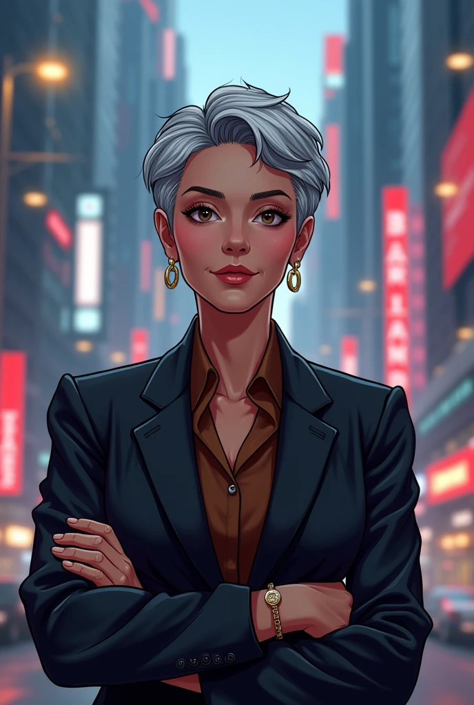 60 year old woman, His hair is very short and gray, your eyes are brown, Her skin is white, Her expression is serious and kind, Their elegant executive attire is in shades of black and brown., Digital illustration of video game characters