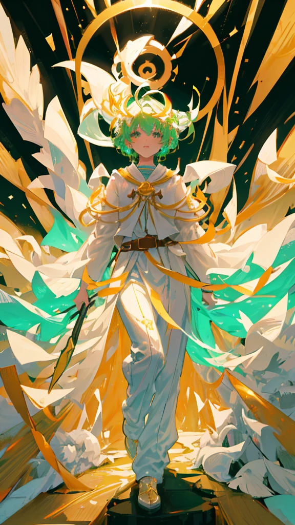 The image depicts a figure with a glowing, ethereal presence. The character appears to be standing confidently, holding a golden lantern in one hand while surrounded by flowing white ribbons or fabric. They have medium-length, light green curly hair with an ahoge, and they wear a detailed white robe with gold accents, a green cloak, brown pants, and a belt. The figure is illuminated by a radiant halo above their head, emphasizing their divine or celestial aura. The overall scene is dynamic and bright, with golden and green hues enhancing the sense of power and majesty.