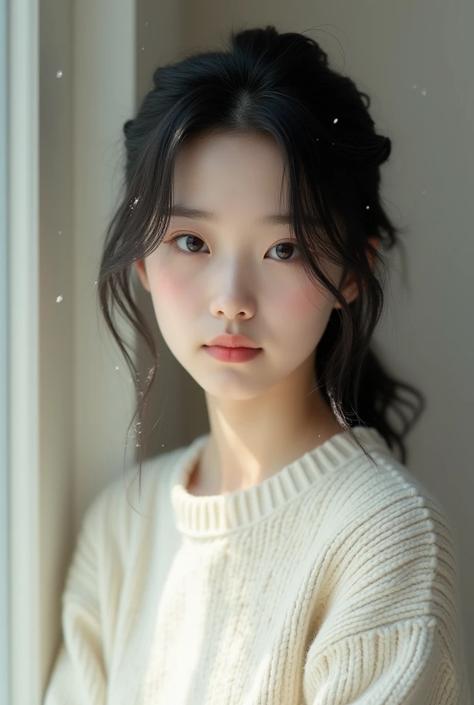 (photorealism:1.2), jombre joven adult, cat eyes, black hair, Asian features, sugar, white sweater, Pale skin, fine nose, plano frontal, adult