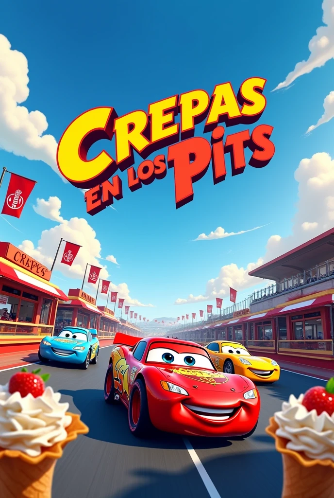 Create a poster with Cars-style typography "Crepes at the Pits"
in Spanish
