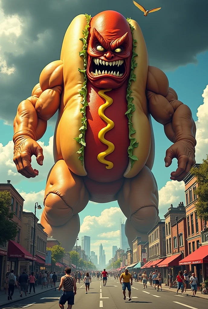 Giant, evil hot dog the size of a skyscraper with arms and legs and a very angry face