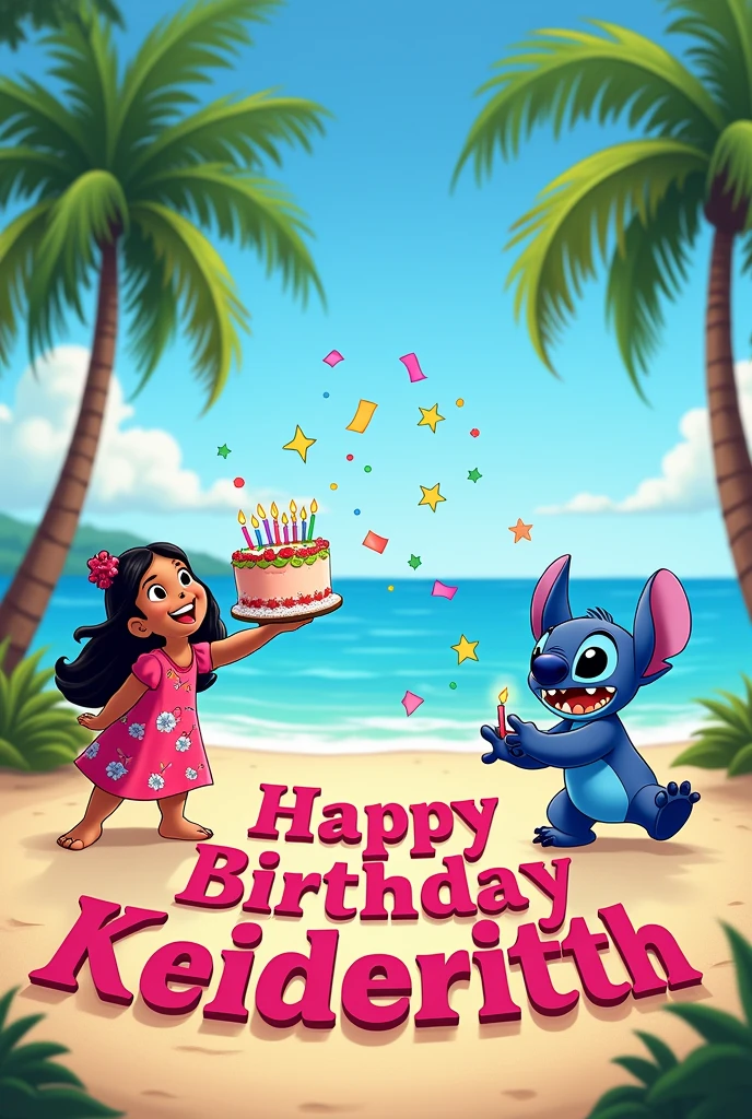 Make an image that says Happy Birthday Keiderith in the style of Lilo and Stitch with the pink one