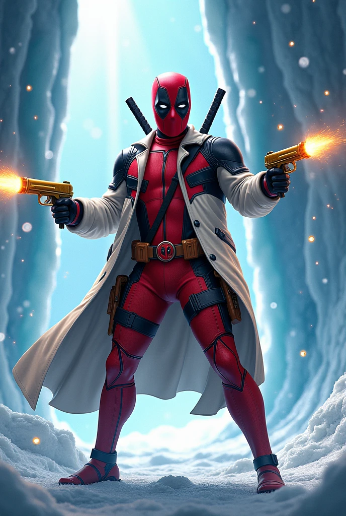 Full-body Deadpool wearing a white and blue Cinnamorol character jacket, firing his golden pistols in Superman's Fortress of Solitude.
