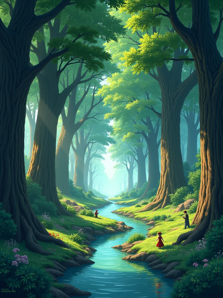 Vrai anime nature wallpaper in 4K quality, in the style of digital illustration inspired by Hayao Miyazaki, featuring a serene forest with towering ancient trees, dappled sunlight filtering through the leaves, a gentle stream flowing through the scene, and mystical creatures peeking from behind the foilage: vibrant and warm color temperature, cosmos lighting with stars twinkling in the sky, no human characters, the atmosphere is tranquil and enchanting-