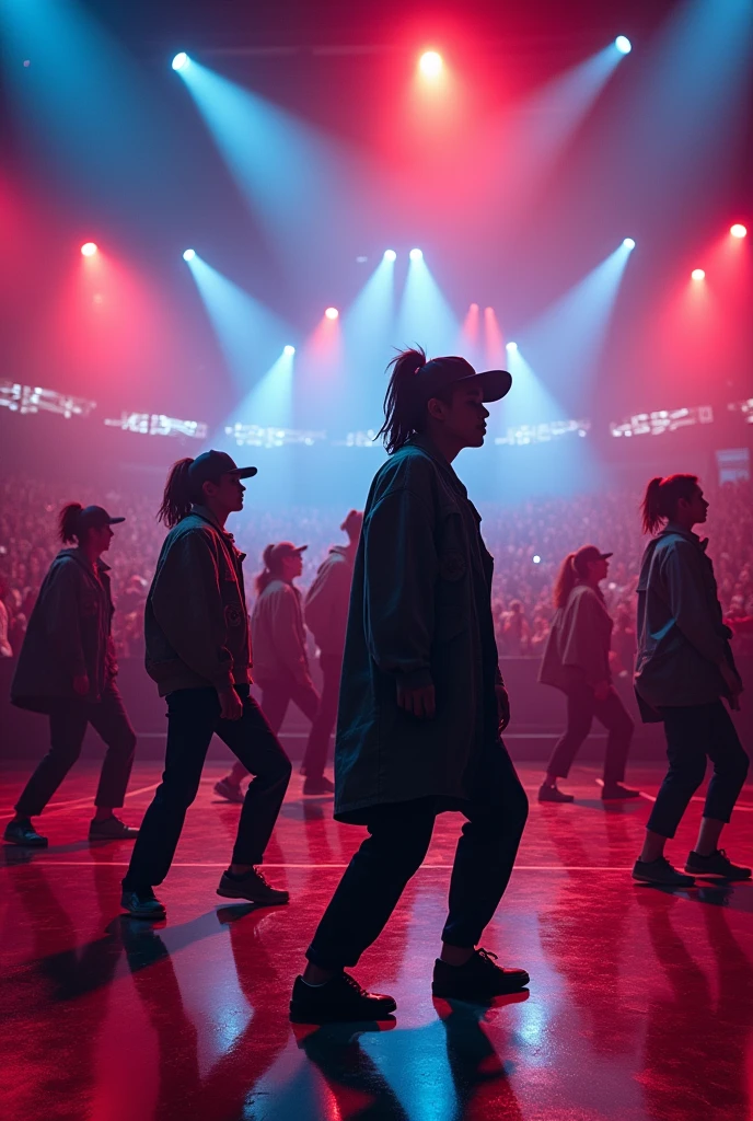 zoom,multi angle,realistic,8k,Beautiful multiple dark hiphop asian dance team girls, rock dancers estilo love dance team live, dancing and singing for her fans at the stadium