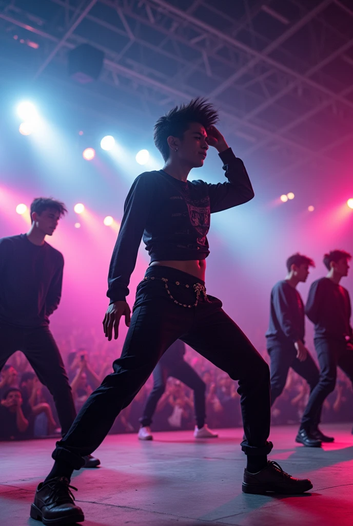zoom,multi angle,realistic,8k,Beautiful multiple dark hiphop asian dance team girls, rock dancers estilo love dance team live, dancing and singing for her fans at the stadium