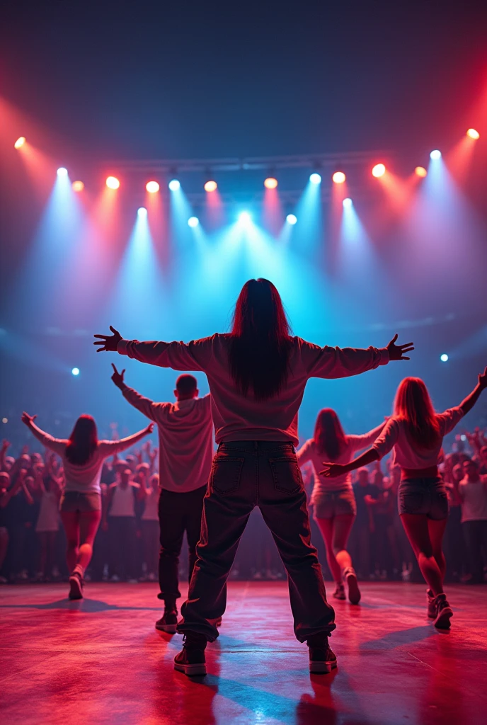 zoom,multi angle,realistic,8k,Beautiful multiple dark hiphop asian dance team girls, rock dancers estilo love dance team live, dancing and singing for her fans at the stadium