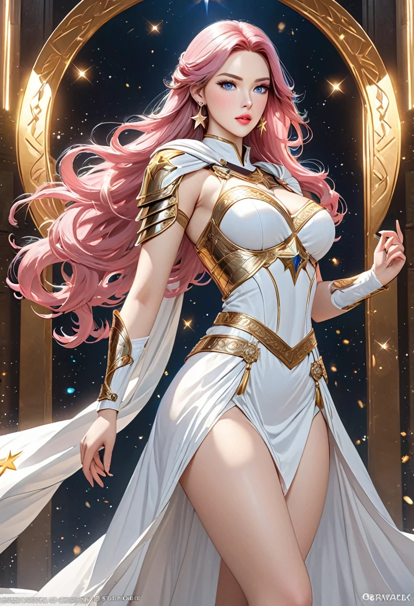((best quality)), ((artwork)), ((extremely detailed face)), ((perfect lighting)), ((extremely detailed CG)), ((perfect hands, perfect anatomy)), Appearance= Tall, slender, voluptuous figure, pale skin, youthful, ravishingly beautiful, narrow waist, curvaceous butt, refined features, high forehead, busty, full lips; sapphire eyes; very long, flowing pink hair
Personality= Selfish, pompous, spoiled
Occupation= Dawnstar, Princess Starfall
Reputation= The most beautiful woman in the world]

[Clothing= Cape, sleeveless white dress greek style, gauntlet, plate armor, ring, a pair of large golden star earrings, Spear Of Asgard]