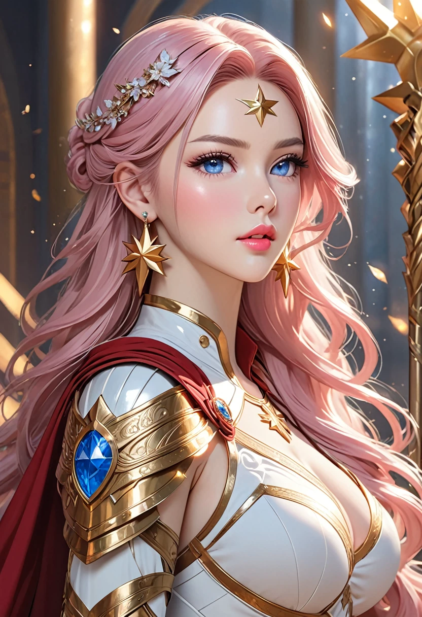 ((best quality)), ((artwork)), ((extremely detailed face)), ((perfect lighting)), ((extremely detailed CG)), ((perfect hands, perfect anatomy)), Appearance= Tall, slender, voluptuous figure, pale skin, youthful, ravishingly beautiful, narrow waist, curvaceous butt, refined features, high forehead, busty, full lips; sapphire eyes; very long, flowing pink hair
Personality= Selfish, pompous, spoiled
Occupation= Dawnstar, Princess Starfall
Reputation= The most beautiful woman in the world]

[Clothing= Cape, sleeveless white dress greek style, gauntlet, plate armor, ring, a pair of large golden star earrings, Spear Of Asgard]