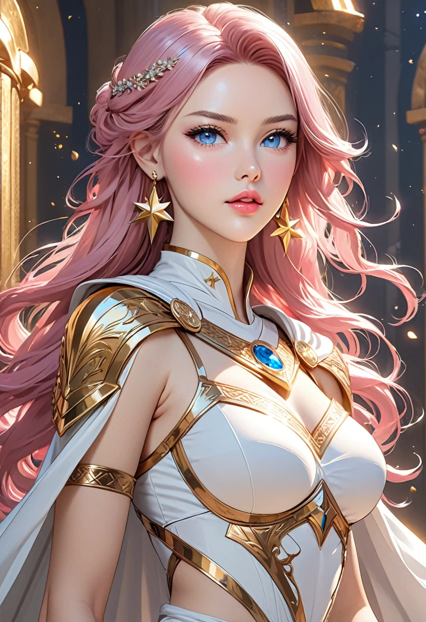 ((best quality)), ((artwork)), ((extremely detailed face)), ((perfect lighting)), ((extremely detailed CG)), ((perfect hands, perfect anatomy)), Appearance= Tall, slender, voluptuous figure, pale skin, youthful, ravishingly beautiful, narrow waist, curvaceous butt, refined features, high forehead, busty, full lips; sapphire eyes; very long, flowing pink hair
Personality= Selfish, pompous, spoiled
Occupation= Dawnstar, Princess Starfall
Reputation= The most beautiful woman in the world]

[Clothing= Cape, sleeveless white dress greek style, gauntlet, plate armor, ring, a pair of large golden star earrings, Spear Of Asgard]