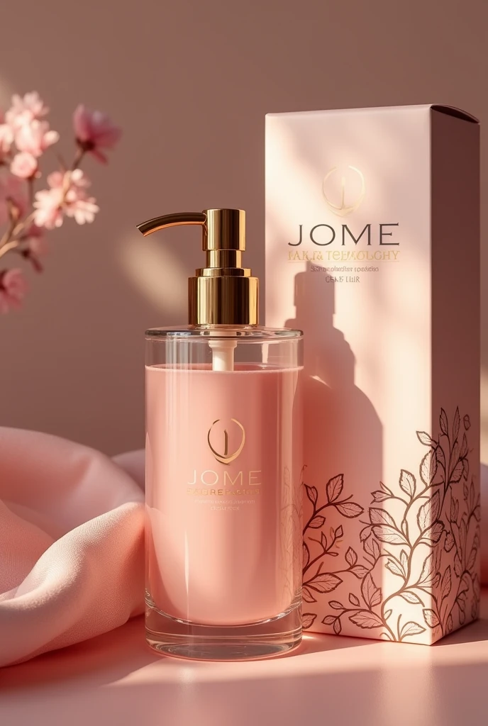 Hair treatment product for damaged hair, whose glass container must be premium line in gold and pink with a push dispenser type with innovative design with the brand name JOME and its respective box 