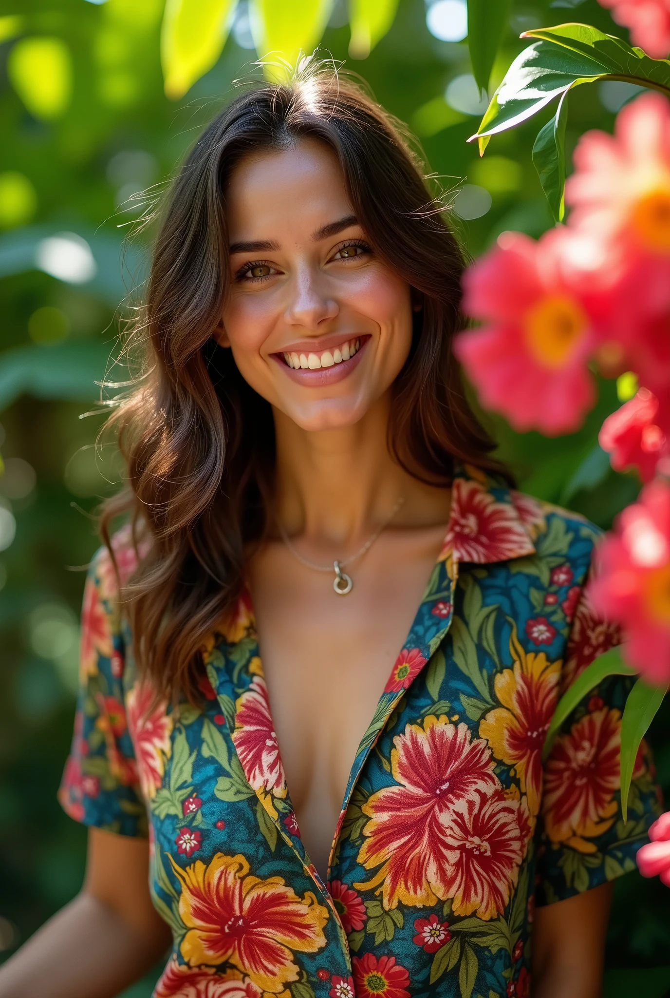 A Brazilian woman in a lush tropical garden, wearing an open shirt with a floral print, with a close-up capturing the harmonious beauty between her breasts and the natural flowers, showing off your natural charm and outgoing personality.