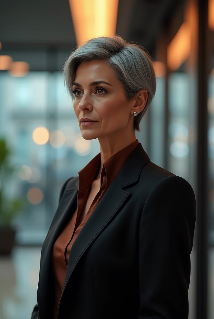 60 year old woman, His hair is very short and gray, your eyes are brown, Her skin is white, Her expression is serious and kind, Their elegant executive attire is in shades of black and brown., Digital illustration of video game characters