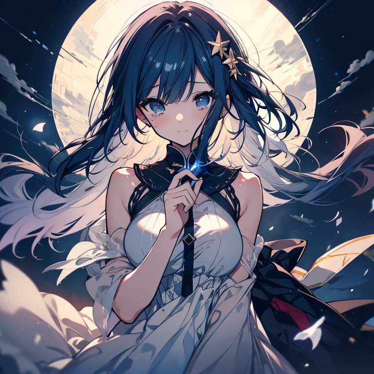 1 person、Mature、Ample breasts、Long Hair、Navy Blue Hair、Hair blowing in the wind、Fleeting、Delicate hair、dress、Shoulder Bare、pray、Night Sky、Lakeside、Stars Shining、mysterious、sing、Sad face、Dwelling on it、白いdress、An endless hell、Tears、I can't see the future、Dark Night、Calm before the storm、High resolution、Highest quality