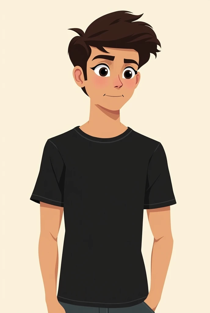 I want a male character with beige skin, dark brown hair with black eye and black t-shirt appearing centered as profile picture in simple 2d drawing
