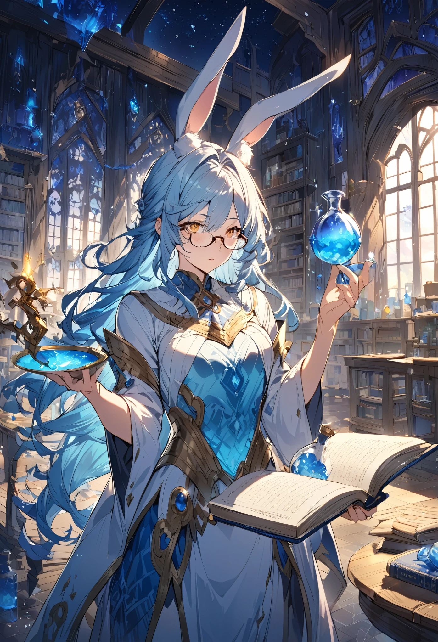 a rabbit woman with glasses with a book in one hand and a blue potion in the other hand, long light blue hair, one woman, standing in a magical blue classroom, Mature looking, focus on character face, golden eyes, magical fantasy appearance