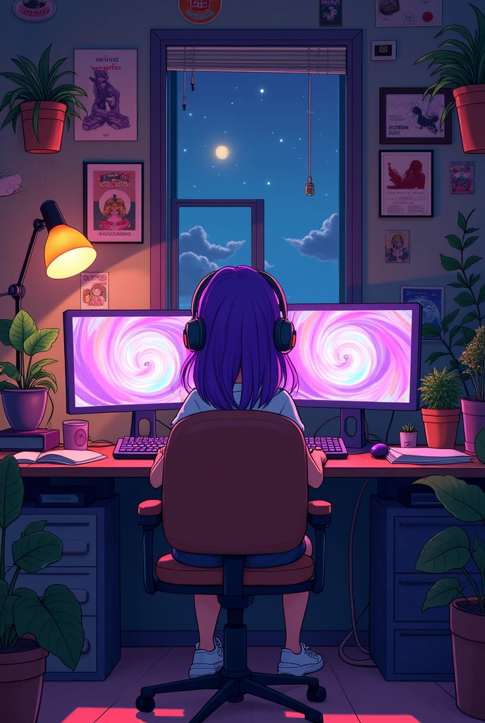 Disney pixar cartoon, a girl sitting at a desk with a computer and a monitor, Lofistyle, Lofi Style, atey ghailan 8k, lo-fi art, in the style of atey ghailan, praise vibes, Anime art wallpaper 4k, anime art wallpaper 4k, lofi girl, lofi hip hop, lofi feels, background neon, dark, music
