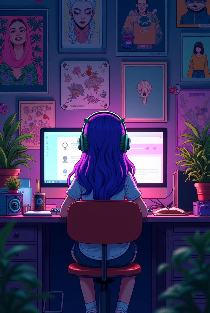 Disney pixar cartoon, a girl sitting at a desk with a computer and a monitor, Lofistyle, Lofi Style, atey ghailan 8k, lo-fi art, in the style of atey ghailan, praise vibes, Anime art wallpaper 4k, anime art wallpaper 4k, lofi girl, lofi hip hop, lofi feels, background neon, dark, music