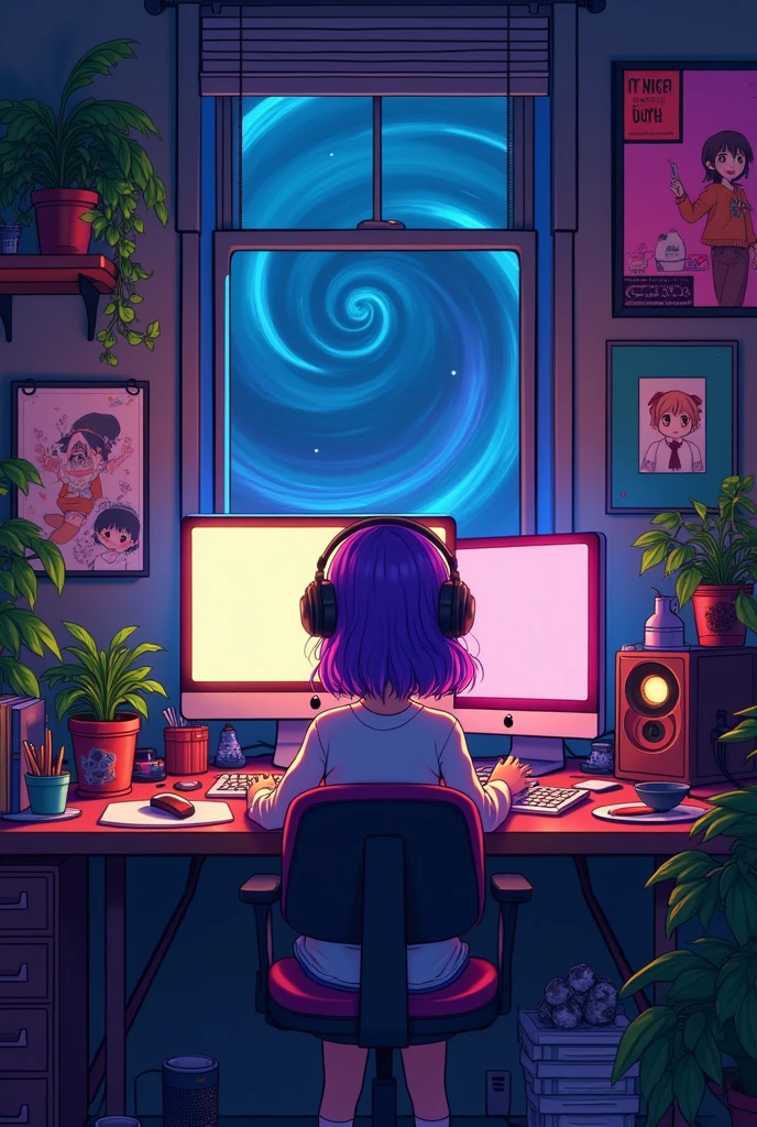 Disney pixar cartoon, a girl sitting at a desk with a computer and a monitor, Lofistyle, Lofi Style, atey ghailan 8k, lo-fi art, in the style of atey ghailan, praise vibes, Anime art wallpaper 4k, anime art wallpaper 4k, lofi girl, lofi hip hop, lofi feels, background neon, dark, music