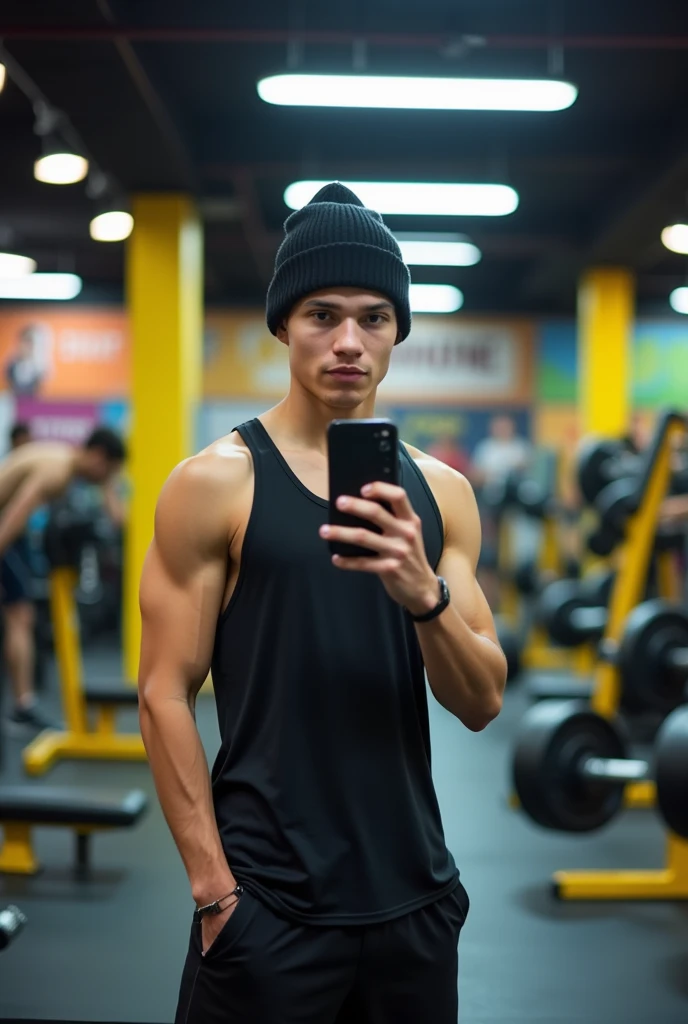 White teenager
wearing a beanie at the gym
Taking a picture with his phone in the mirror