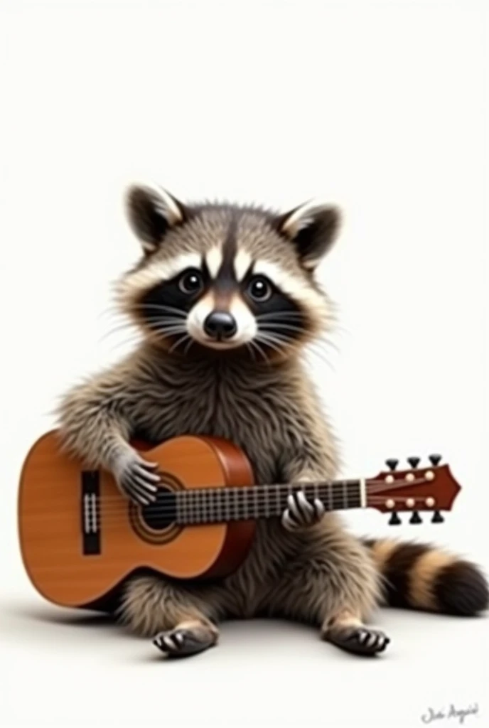 Raccoon playing the Texan guitar sitting on the floor, with nothing in the background or with a white background, guitarist raccoon (realist)(Details)(masterpiece)