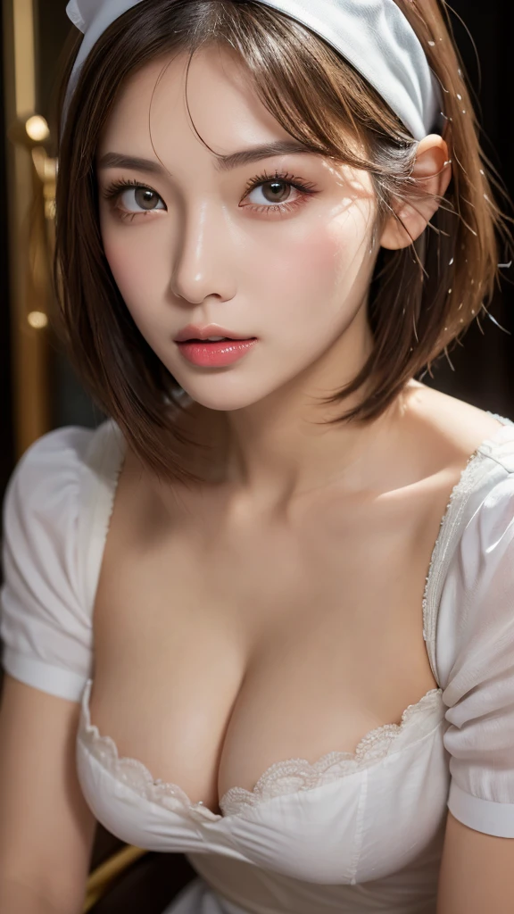 (photorealistic, 32k, RAW photo, best quality: 1.5), (masterpiece:1.3), (absurdres, attractive, ultra high resolution, ultra realistic, highly detailed, golden ratio, ultra detailed, super beautiful detailed face), natural makeup, detailed cloth texture, detailed hair texture, beautiful detailed fullbody, Perfect female body, accurate, Anatomically correct, Highly detailed face and skin texture, (beautiful hands), (realistic skin), (beautiful pale skin:1.1), (Perfect dynamic composition, looking at viewer), (upper body shot:1.4), (Headband, Maid Uniform:1.5),
BREAK,
realistic eyes, beautiful detailed eyes, symmetric eyes, Light Brown eyes, Double eyelids, Thin eyebrows, (Glossy lips:1.4), ((A face with waiting for a kiss:1.2)), (blush:1.1),
BREAK,
((short hair, bob, Dark blonde hair, bangs:1.2)), (Luxury room, sitting chair:1.3)