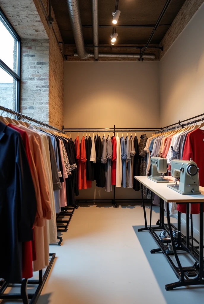 realistic photo of a women's clothing store without people, modern clothes, view from inside without windows, with industrial sewing machines