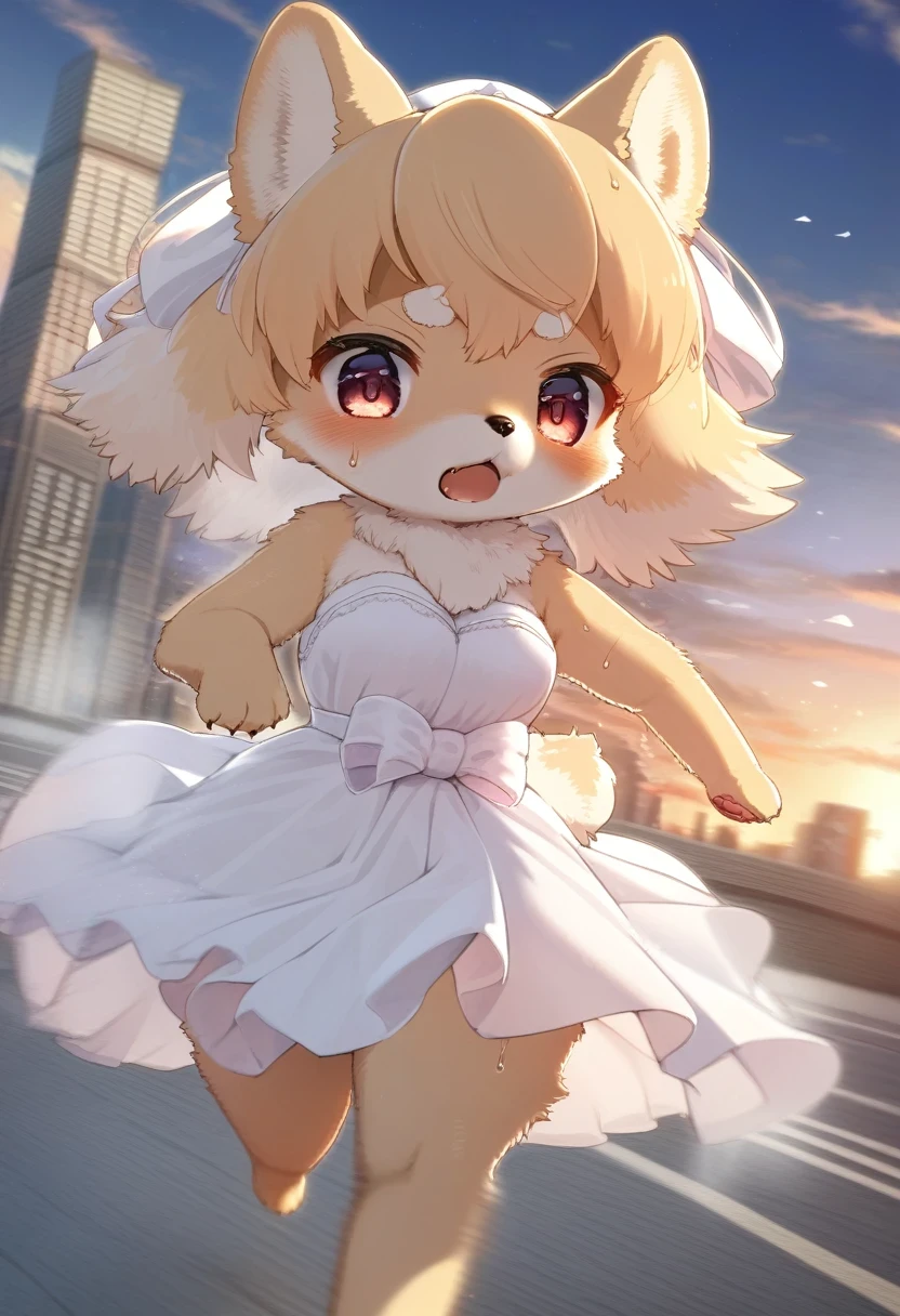 ((Masterpiece)), ((Best Quality)), (Very Detailed), ((Very Detailed)), 4K, (8K), very aesthetic, absurdres highres, 1 woman, (anthropomorphic pomeranian, furry, kemono:1.5), A woman wearing a bridal gown is running at full speed against the backdrop of a cityscape at sunset. Desperate look, sweat dripping, sprints,