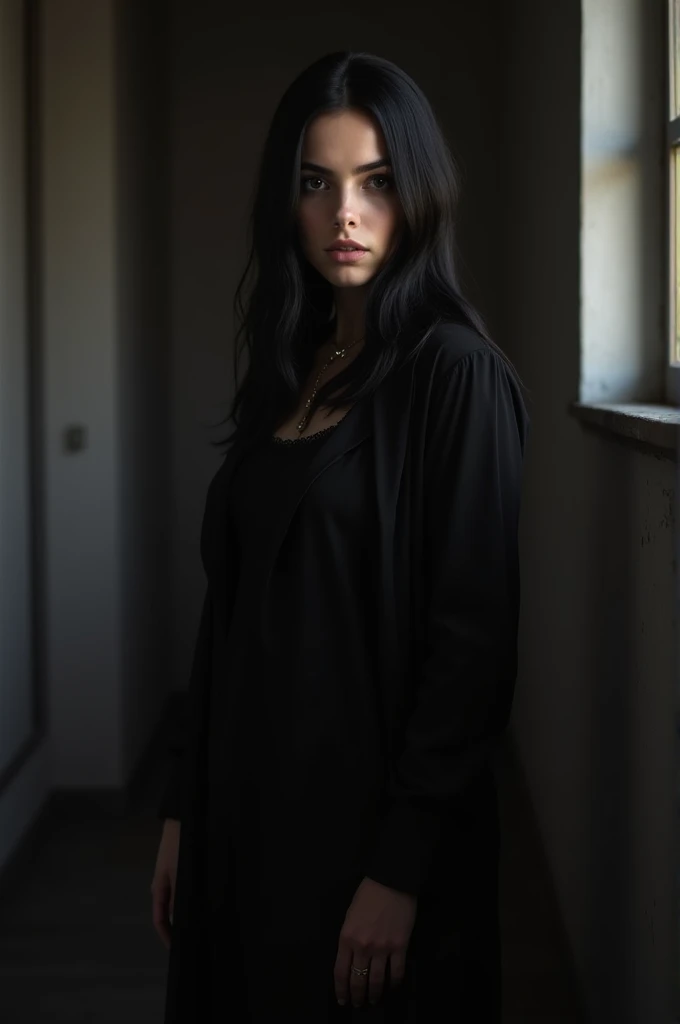 Make me a woman of about 20 years old, very young. It will be realistic, 8k, real-life. She will have long black hair with bangs, Gothic style. She will have a long black shirt with legs showing.. She will be white and have black eyes. It will be in a room, standing in front of the image.